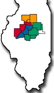 State of Illinois outline highlighting territory served by the W. D. Boyce Council, BSA.